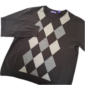 Alan Flusser Men's Black & Gray Argyle V-neck Sweater Merino Wool Blend Size XL